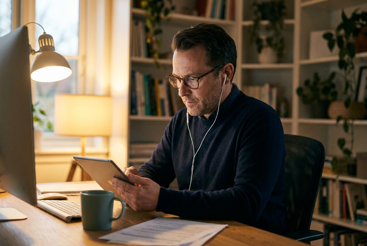 A physician at a warm home-office desk reviews a patient case on a tablet during a virtual visit.
